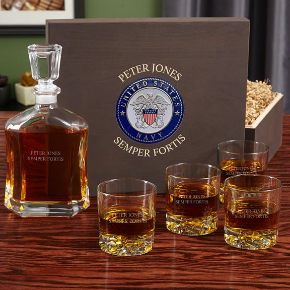 Navy Engraved Argos Whiskey Decanter Box Set
