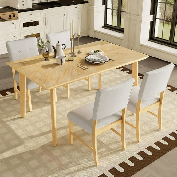 UHOMEPRO 5 Piece Dining Table Set, Rectangle Rustic Farmhouse Dining Room Table Set with 4 Upholstered Chairs, Solid Wood Kitchen Table Set for 4, Easy Assembly, Natural Wood Gray