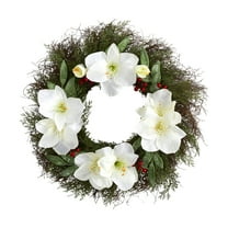 Nearly Natural 20in. Cedar, Amaryllis and Ruscus with Berries Artificial Wreath