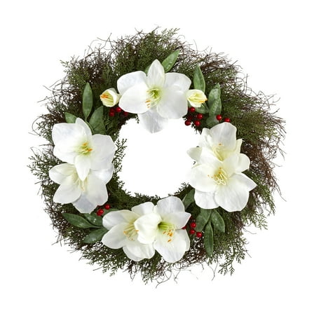 Nearly Natural 20in. Cedar, Amaryllis and Ruscus with Berries Artificial Wreath
