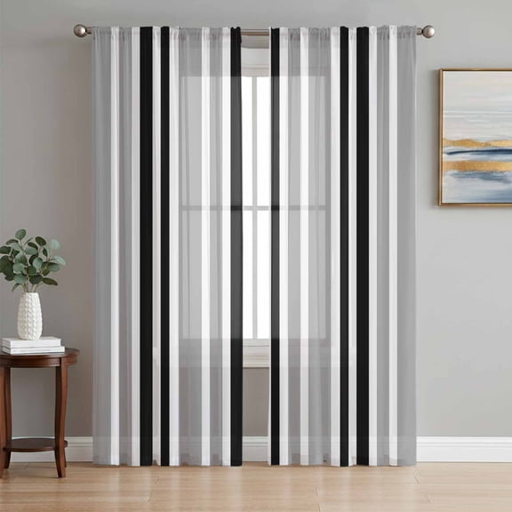 Black Grey Stripes Sheer Curtains 96 Inch Length 2 Panels Set, Simple Striped Lines Minimalist Modern Voile Window Treatment Semi Sheer Long Curtains Drapes for Bedroom/Living Room/Kitchen 52"x96"x2