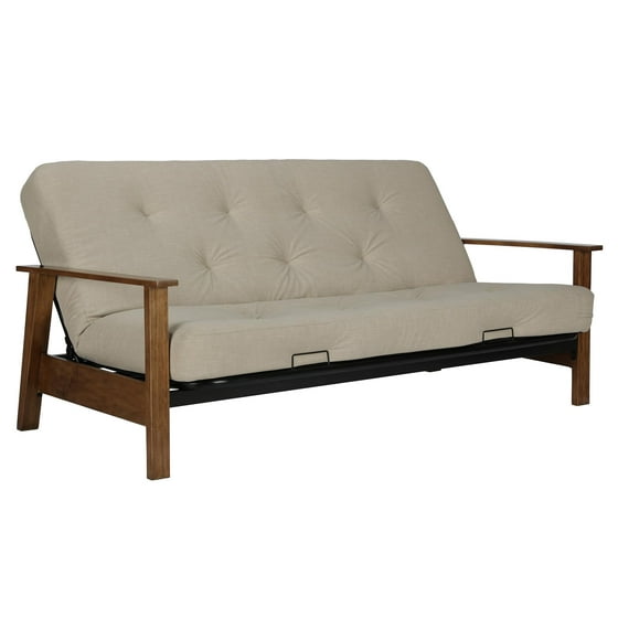 Dhp Bergen Wood Arm Futon With 6 Coil Mattress Tan Linen Com