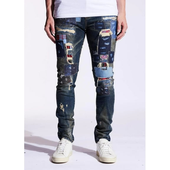 Embellish NYC Men's Rip & Repair Patchwork Distressed Skinny Fit Denim Jeans (30, Blue Patchwork)