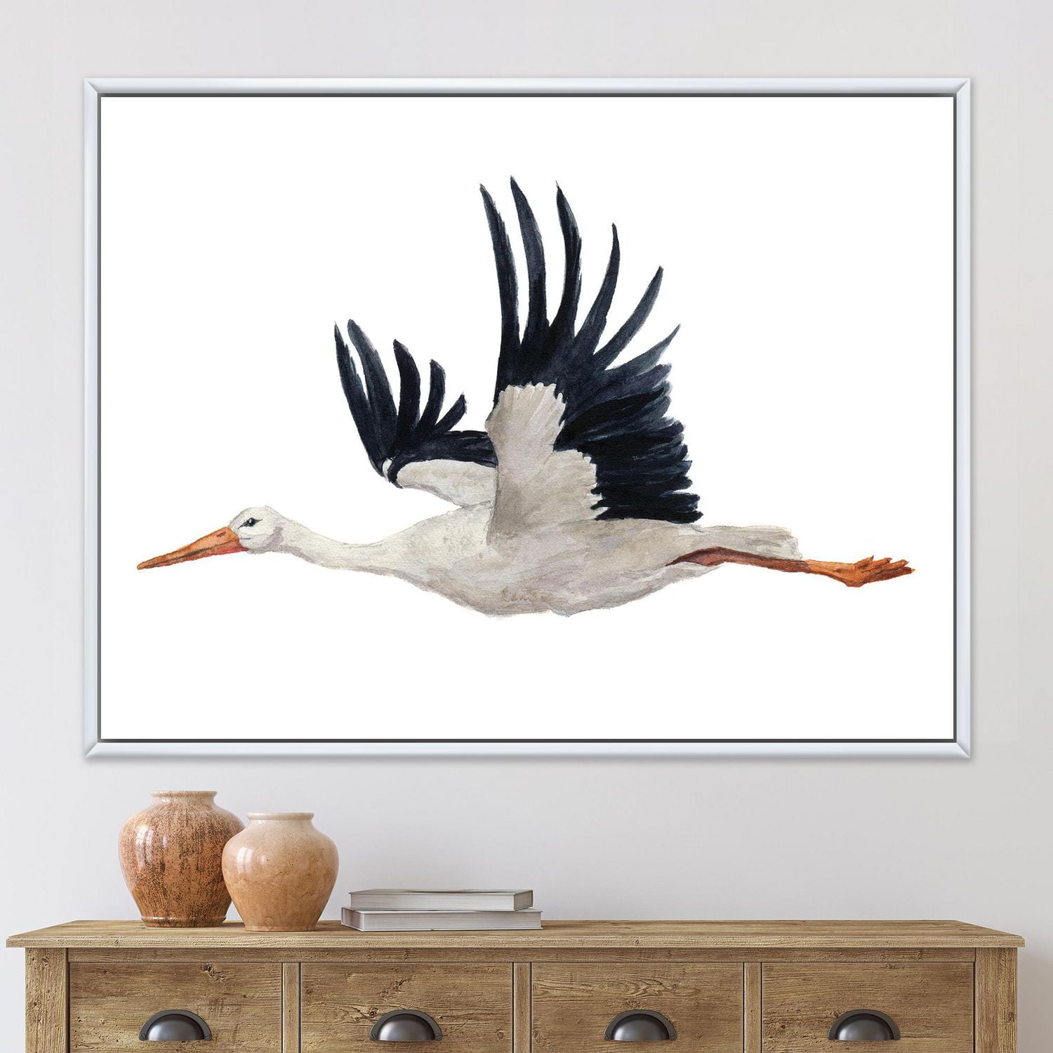 Designart Flying White Stork Ciconia Bird FLOAT FRAME WALL ART