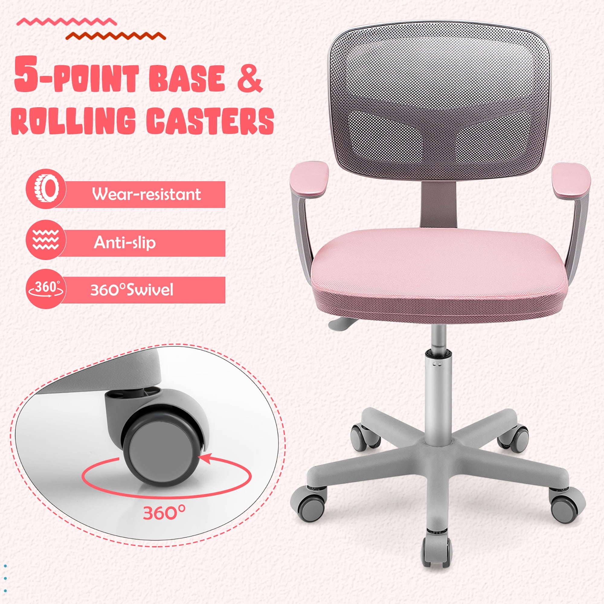 Gymax Kids Desk Chair Adjustable Height Children Study Chair w/ Auto Universal Casters Pink