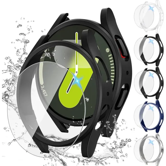 [5 5Pack] for Samsung Galaxy Watch 7 Screen Protector Case 44mm Accessories, Hard PC Bumper/HD Anti-Fog Tempered Glass Protective Film, Face Cover Set, Galaxy Watch 7 Case for Women Men