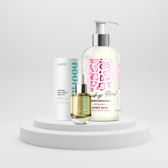 Coochy Plus Intimate Shave Cream Sweet Bliss   NOURIA Pre-Shave Elixir Moisturizer Oil Kit – HydroLock & MOISTURIZING PLUS Continuous Hydration Reliefs Razor Burn Bump Ingrown Hair