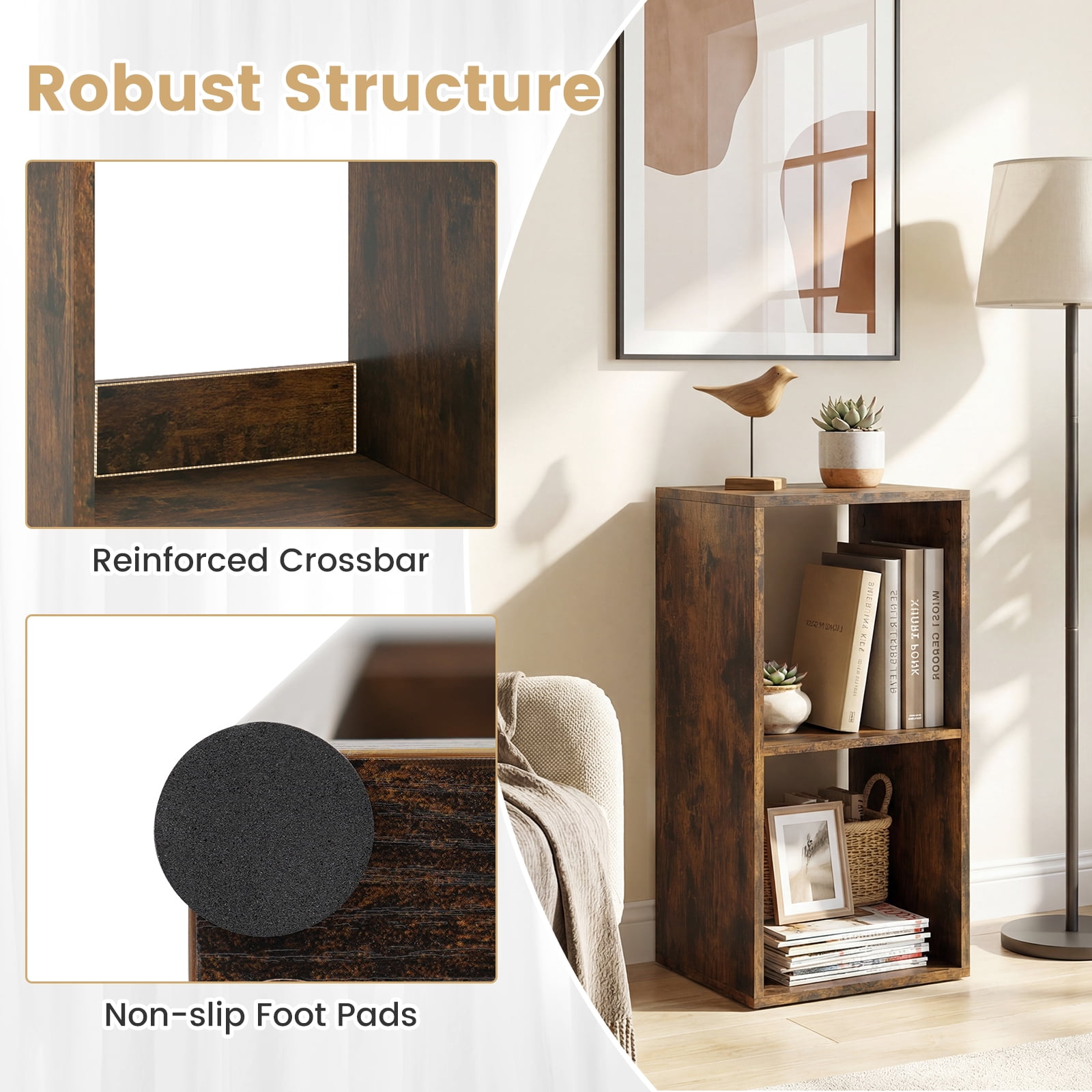 Costway 2-Cube Bookshelf, Modern Vertical Bookcase with Back Guardrail&Anti-tipping Kits Rustic Brown
