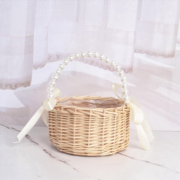 2X Cesta de Mimbre para Niña de Flores para Bodas, Cesta de Flores de Ratán, Cesta de Niña de Flores Hecha A Mano con Asa y Cinta