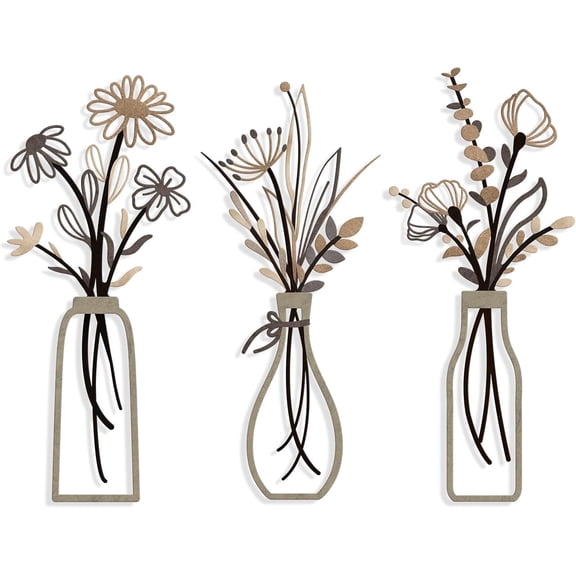 3 Pieces Metal Flowers Wall Arts - Rustic Farmhouse Style Décor Metal Wall Art Black Minimalist Flower Natural Themed Wall Decors for Home Bedroom Dining Room Housewarming