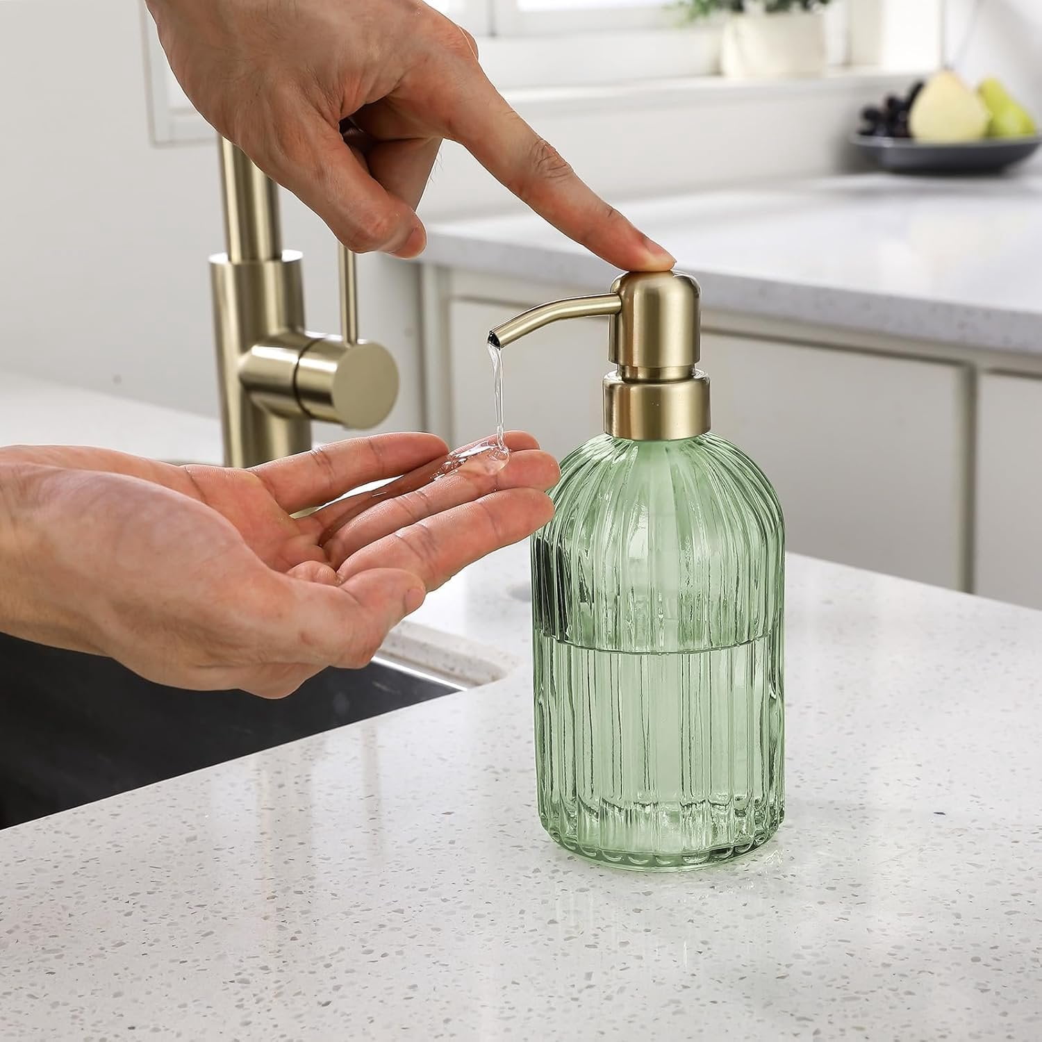 16Oz Green Glass Soap Dispenser with Rust Proof Stainless Steel Pump, Green Stripe Bathroom Hand Dish Lotion Dispensers with Brushed  Pump,Brushed  Glass Soap Dispenser