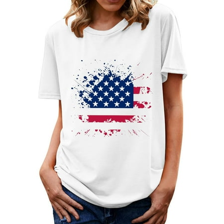 

Womens American Flag 4th of July Short Sleeve T-shirt Stripe Star Shirt Summer Casual Graphic Tees Independence Day Tops