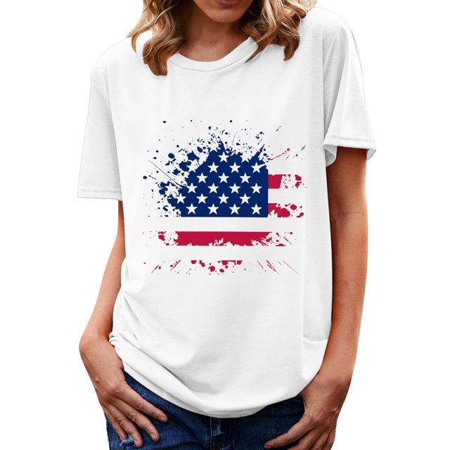 Hauts d'Été Grande Taille pour Femmes Imprimé Jour de l'Indépendance Manches Courtes Col Rond Décontracté Ample T-Shirts Graphiques Col en V Femmes en Solde