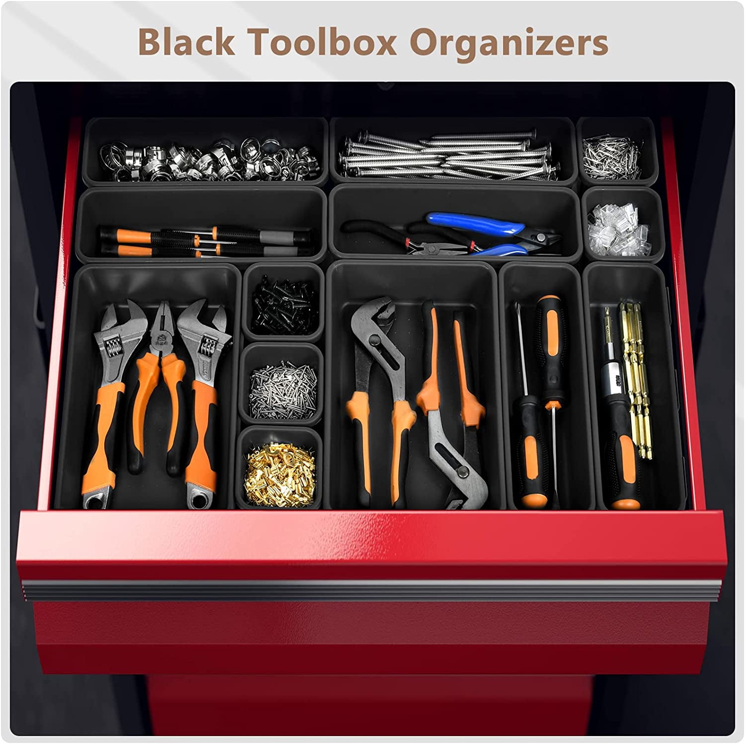 【𝟱𝟴𝗣𝗰𝘀】【5 Size】 Tool Box Organizer Tray Divider Set, 【Black】 Desk Drawer Organizer, Garage Organization and Storage Toolbox Accessories Rolling Tool Chest Cart Cabinet WorkBench Small Part