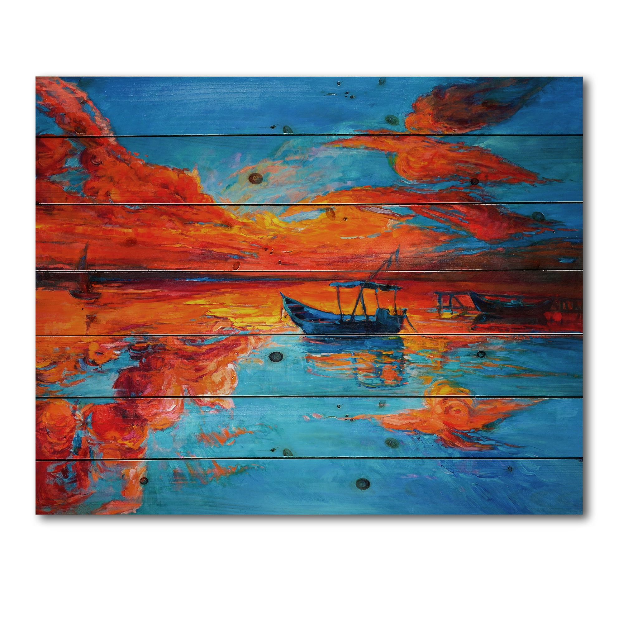 Designart 'Boats During Warm Sunset Resting On The Water VI' Nautical & Coastal Print on Natural Pine Wood