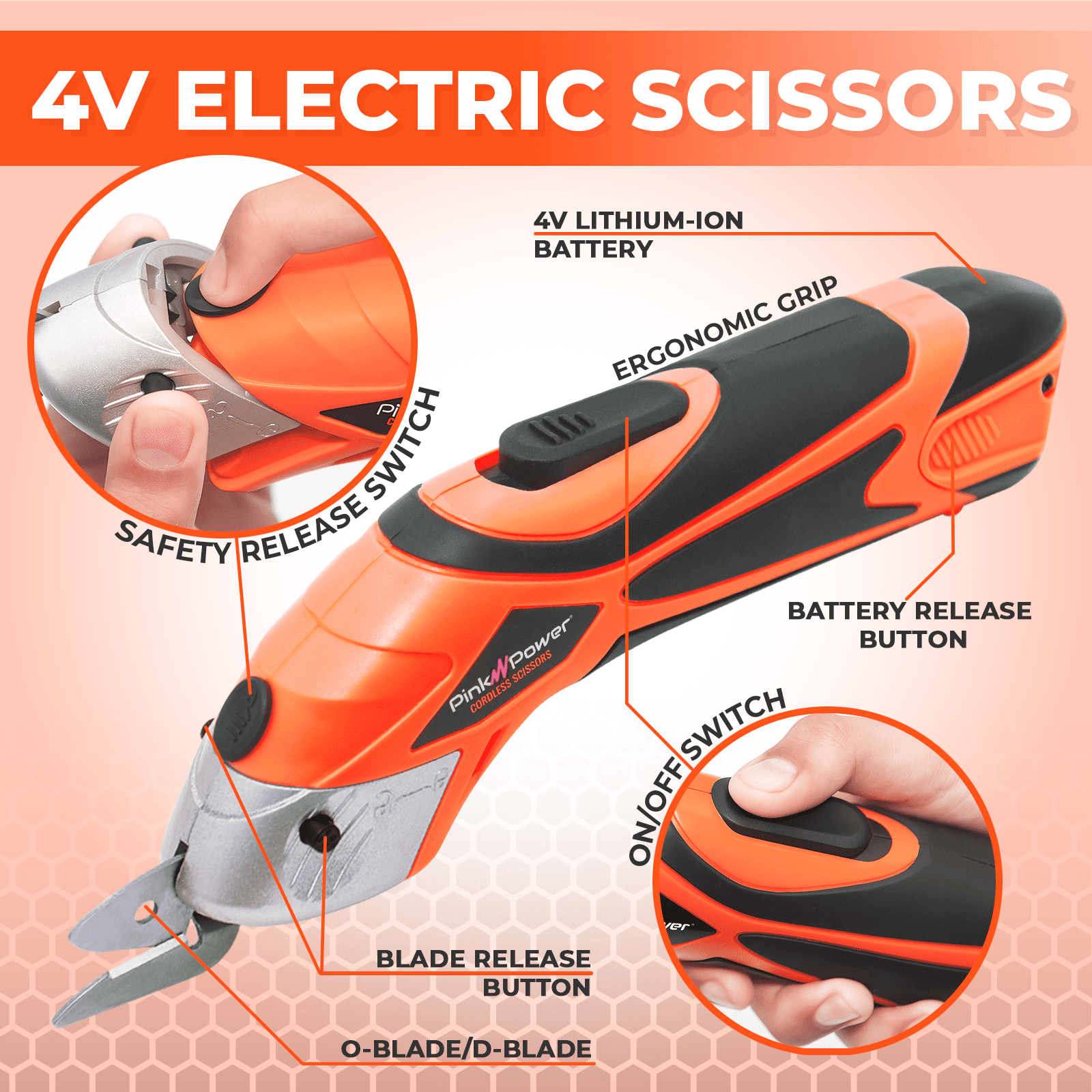 Pink Power Orange Cordless Electric Scissors – Rechargeable 4v 1500mAh Battery, Ergonomic Lightweight Design, Dual Blade for Fabric, Cardboard, Plastic, Crafts, Box, Sewing, Carpet, Scrapbooking