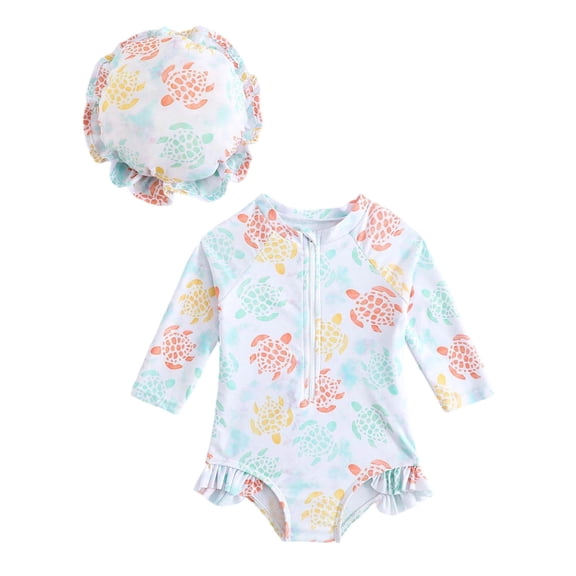 XAOFW Girl's One-Piece Swimsuits Cartoon Print Long Sleeve Crewneck Swimwear With Matching Swim Cap And Zipper Beach Sports Stylish Versatile Swim Wear