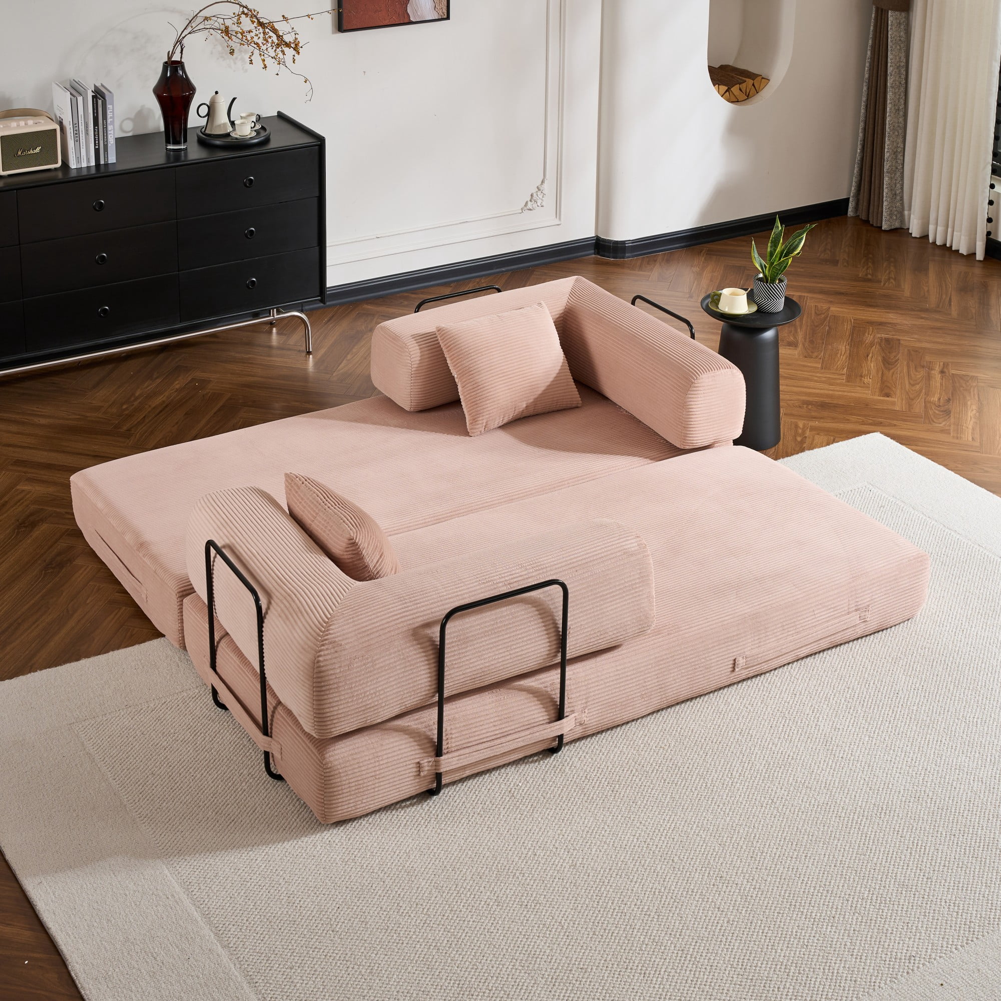 BSHTI 77" Casual Corduroy Convertible Sleeper Sofa Bed with Cylindrical Pillow, No Assembly, Small Space for Living Room（Pink）