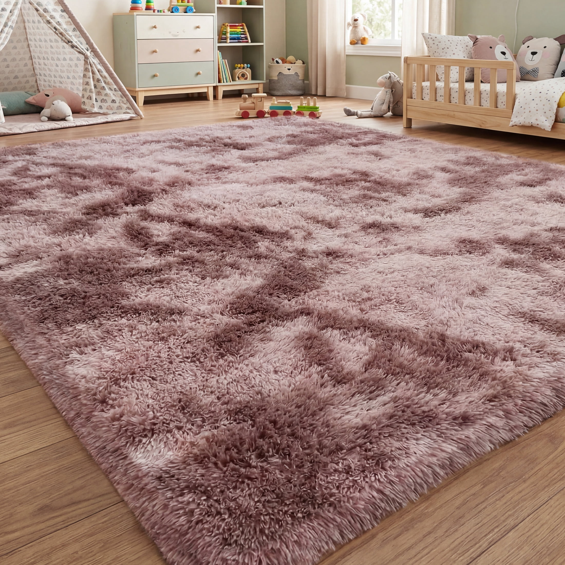 Nefoso Shag Area Rug, 9ft x 12ft Soft Fluffy Tie-Dye Area Rugs for Living Room Bedroom Decor Carpet, Dusty Pink / Blush Pink
