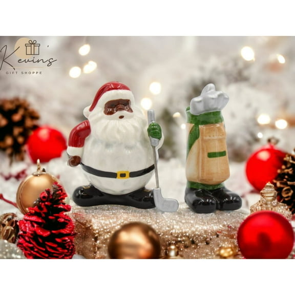 Ceramic African American Golfing Santa Christmas Salt and Pepper Shakers Set