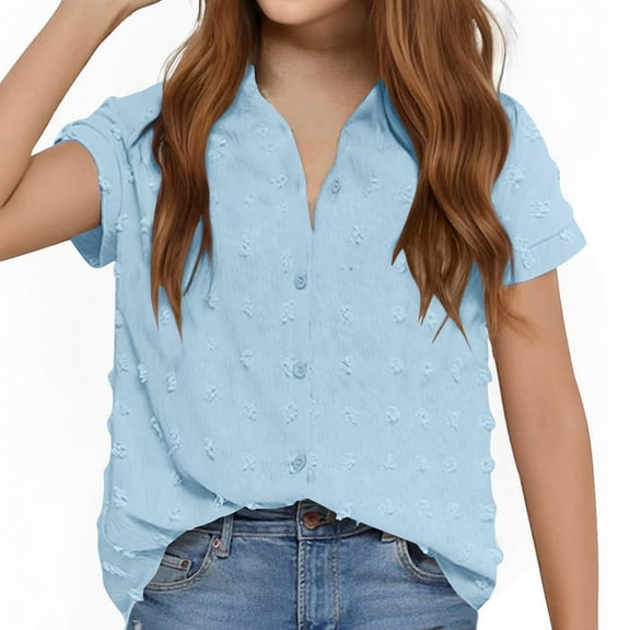 Aofany Girls Solid Color Shirt Kids Button Up Short Sleeve Lapel Collar Tops 3-14 Years Toddler Girls Loose Fit Shirt