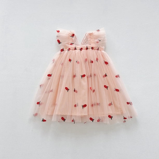 Vestido Tutú De Tul De Mariposa Para Bebé Niñas Patrón De Bordado De Cereza Sling De Niña 1er Cumpleaños