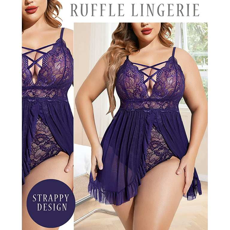 Avidlove Plus Size Babydoll Lingerie for Women Lace Nightgown Ruffle  Chemise Exotic (Purple3XL) 