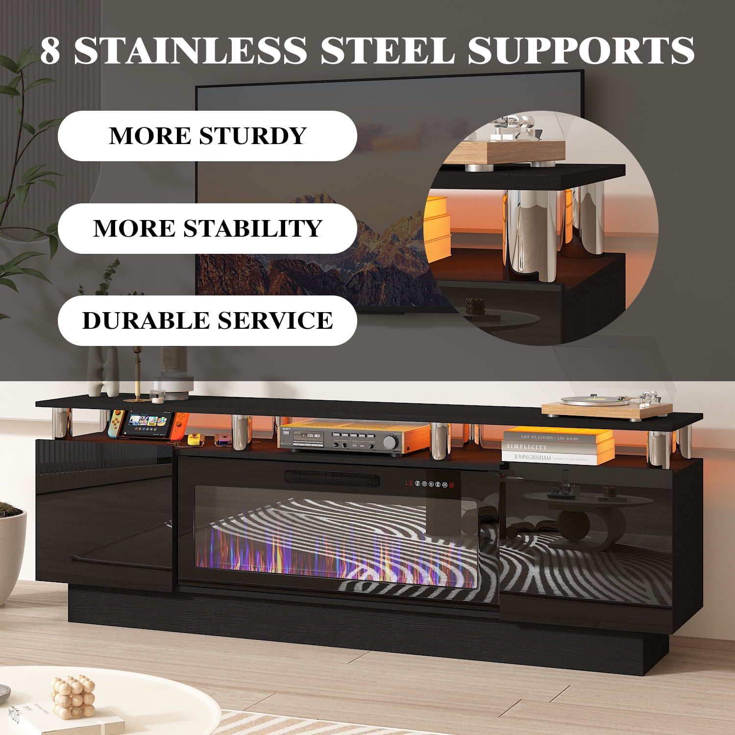 BOSSIN Fireplace TV Stand with 36" Electric Fireplace for Living Room,LED Light Entertainment Center,2 Tier TV Console Stand for TVs Up to 80"