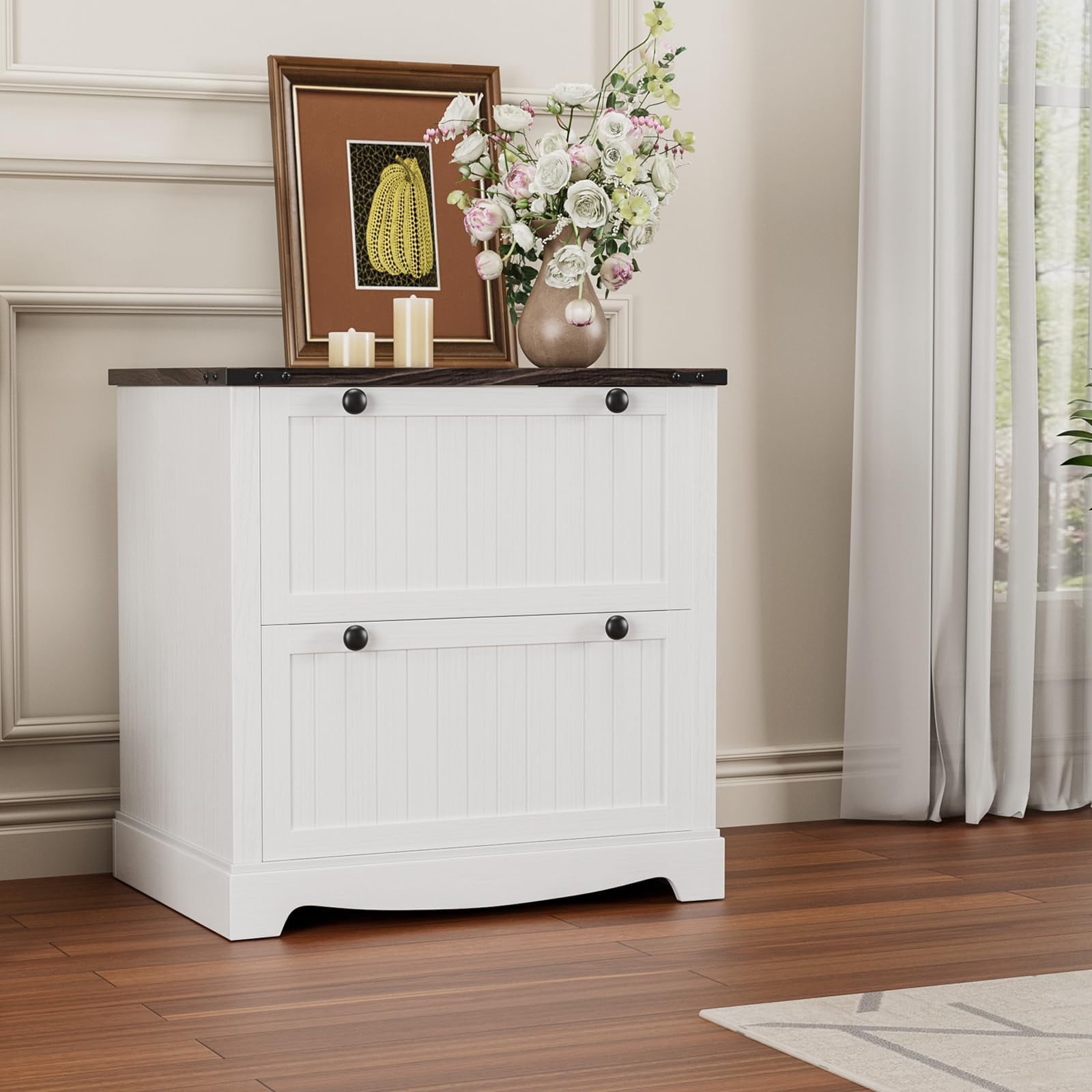 30" Rustic Wood Lateral File Cabinet with 2 Drawers, Hanging File Folders for A4/Letter/Legal Documents, Farmhouse-Style Storage Organizer for Home Office, Living Room Workspace, White