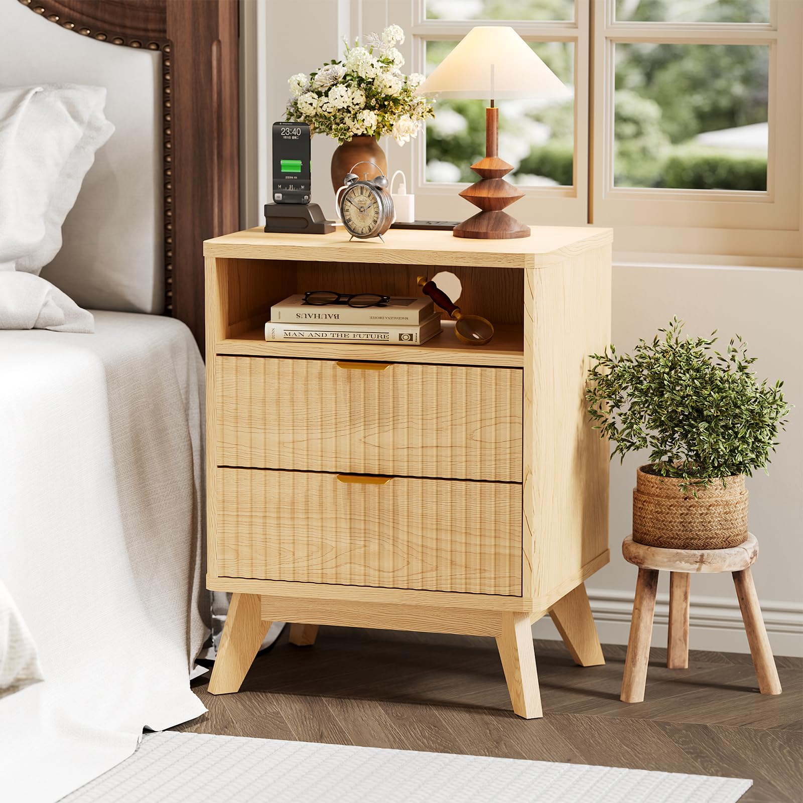 KOKEBREN Set of 2 Nightstand with USB Charging Station - Wood Fluted Bedside Table with 2 Drawers & Open Shelf,Oak