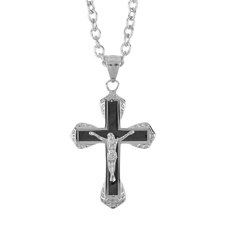 Arista White and Black Plated Men's Fancy Cross Pendant in Stainless Steel, 24"