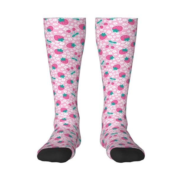 Fotbe Cherry Strawberry Calcetas Divertidas Estampadas para Hombre y Mujer, Calcetas de Algodón hasta la Rodilla para Caminar, Correr, Enfermería y Embarazo