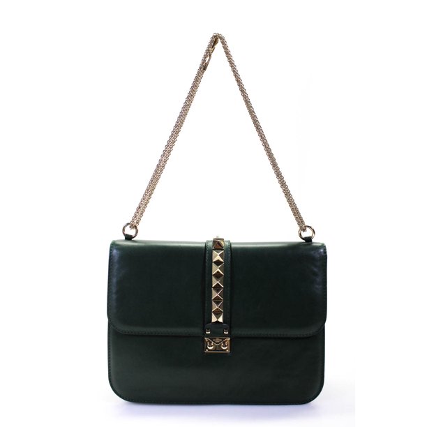 Primitief paniek Maak los Pre-owned|Valentino Rock Stud Leather Glam Rock Flap Shoulder Handbag Dark  Green - Walmart.com