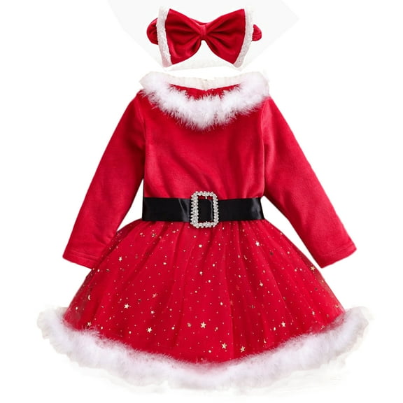 SYNPOS 1-5T Baby Girls Long Sleeve Red Santa Velet Dress Headband Christmas Party
