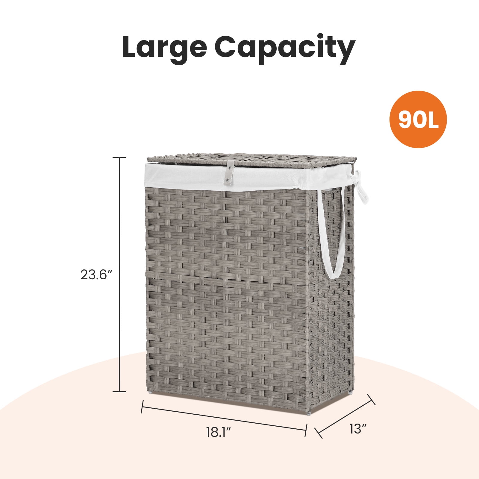 JOINSUN 90 Liter Laundry Basket, Wicker Laundry Hamper with Lid and Handle, Collapsible, Removable Liner Pocket, Machine Washable, Gray