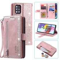 Nalacover Zipper Wallet Case For Samsung Galaxy A53 5G,360 Protection Luxury PU Leather Flip 9 Credit Card Slots and 2 Cash Pockets Holder Magnetic Cover with Detachable Wrist Strap,Rosegold