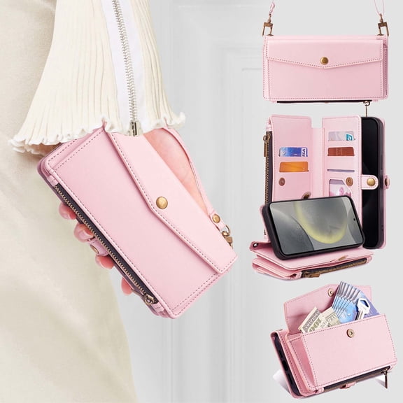 Compatible with Samsung Galaxy A17 5G Crossbody Wallet Case,Flip Folding Kickstand,With Card Slots,Long Strap&Short Strap,Zipper Pocket,Shockproof Heavy Duty PU Leather Phone Case,Pink