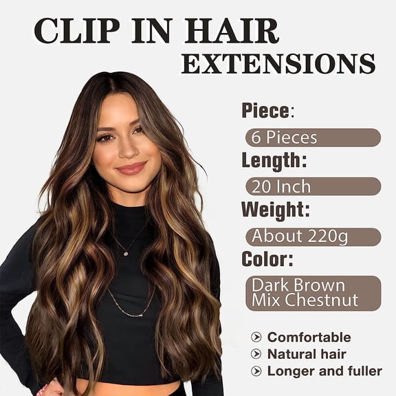 WEIF-Clip in Hair Extensions for Women 20 Inch Long Wavy Curly Dark Brown Mix Chestnut Hairpieces Full Head Synthetic Hair Hairpieces (6PCS, Dark Brown Mix Chestnut)