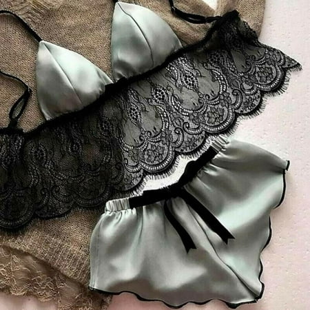 

Fantadool Summer Satin Silk Pajamas Suit Women Solid Color Comfortable Lace Camis top and Shorts Sleepwear