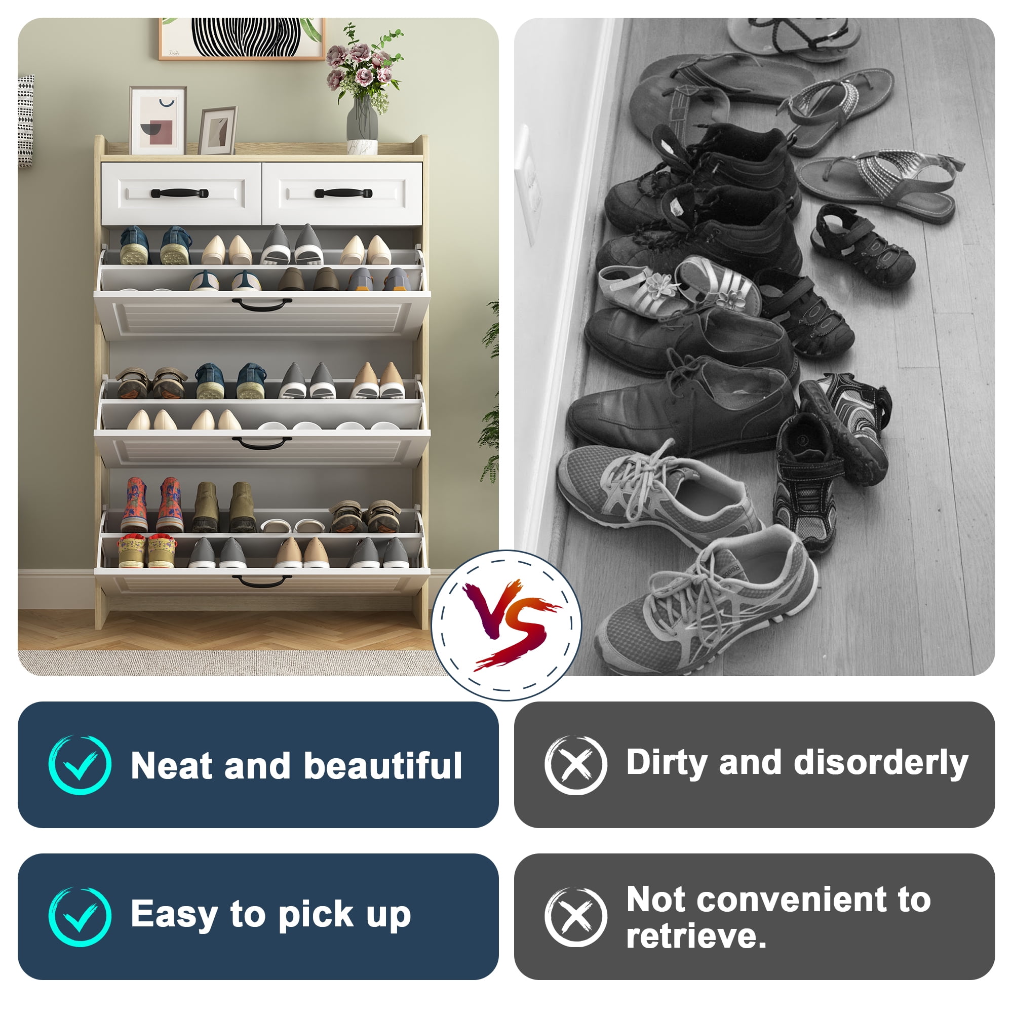 Kadyn Shoe Rack with 3 Doors, Shoe Organizer, White & Oak Shoe Cabinet with 2 Drawers, Shoe Storage Cabinet for Living Room, Hallway, Entryway