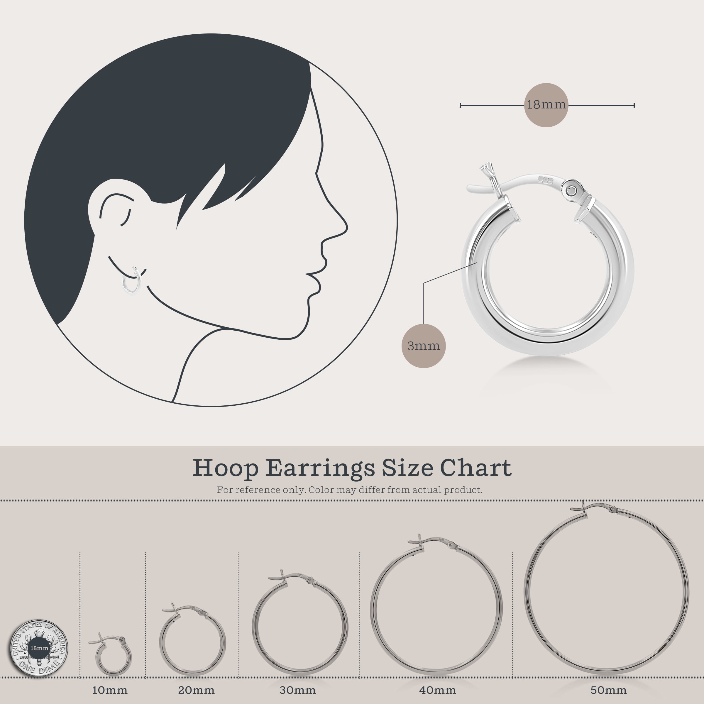 Kezef Women's 925 Sterling Silver 3mm Hoop Earrings - 18mm (3/4") Diameter