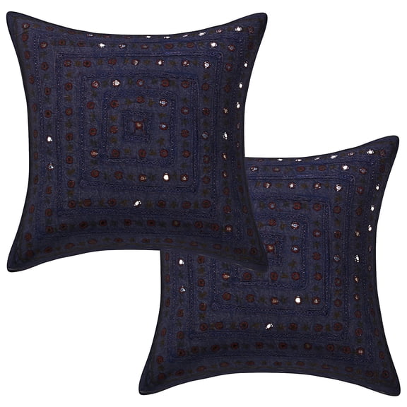 Stylo Culture Indian Decorative Throw Pillow Covers 16 x 16 Embroidered Mirror Lace Dark Blue Bohemian 40cm x 40cm Bedroom Cotton Geometric Square Cushion Covers | Set Of 2