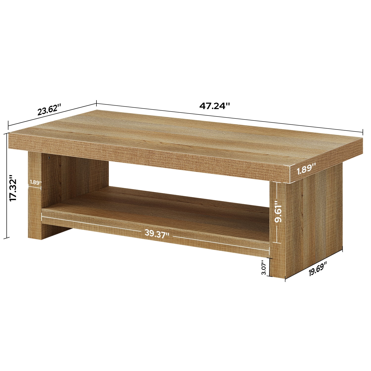 47" Rectangle Farmhouse Coffee Table, 2-Tier Storage Center Tables, Wooden Rectangular Table, Low Cocktail Tea Table for Living Room, Thick & Sturdy Base, Easy Assembly, Natural