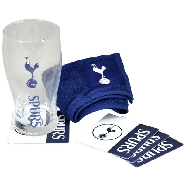 Tottenham Hotspur FC Official - Set de mini bar temática fútbol (vaso de cerveza, paño y posavasos) (Azul marino/ Blanco)
