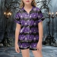 thumbnail image 2 of mgoYE Halloween Girls Pajamas Shorts Set Girls Satin Pajama Set Halloween Pumpkin Ghost Print Shirts and Shorts Short Sleeve Button Soft 2 Piece Outfits|Purple 8-9 Years, 2 of 5