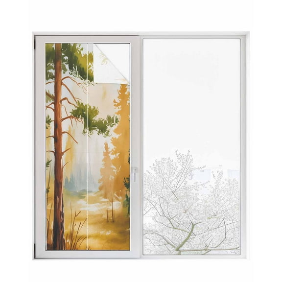 Window Privacy Film Forest Stained Glass Window Film Decorative Sun Block Window Cover Watercolor Farmhouse Retro Nature Scenery Window Clings Static Adhesive Sticker for Bathroom 29.5"x78.7"