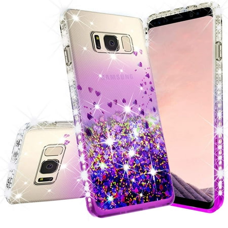 For Samsung Galaxy S7 Edge Case w/[Temper Glass Screen Protector] Liquid Glitter Phone Case Waterfall Quicksand Bling Sparkle Cute Protective Girls Women Cover for Galaxy S7 Edge - Purple/Clear