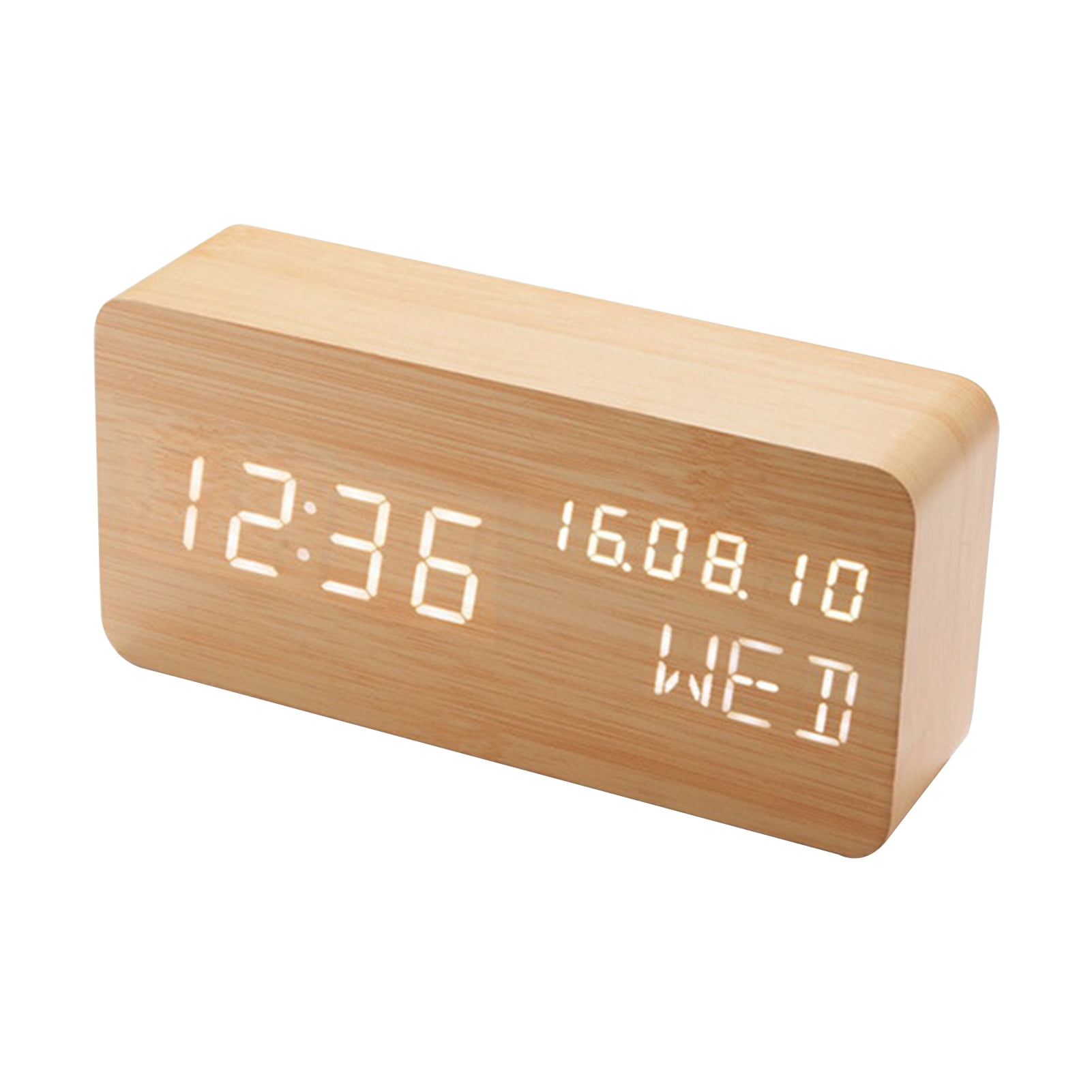 Voice Control LED Display Temperature Digital Wood Wooden Alarm Clock NEW