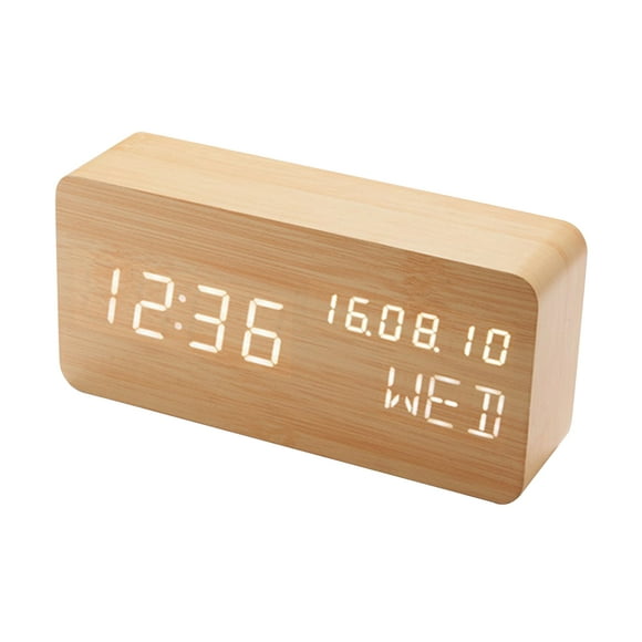 Desk Wooden Alarm Clock With Voice Control Date Temperature Adjustable 3 Brightness Display Led Digital Alarm Clocks For Bedroom Bedside