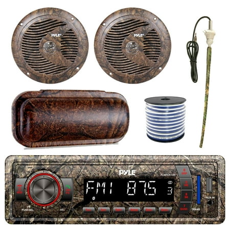 Pyle Marine Single-DIN Bluetooth MP3 USB AUX Camo AM/FM Radio, Pyle 6.5'' Waterproof Camo Speakers (Pair), Stereo Shield Cover, Enrock Camouflage Boat Antenna, 18-G 50 Ft